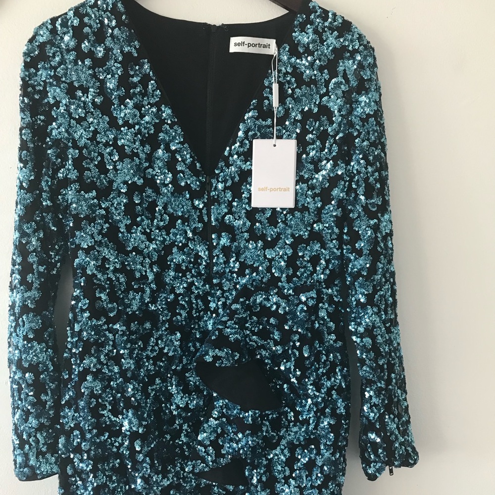 Self Portrait Blue Sequin Frill Dress in 8 - Picture 6 of 8